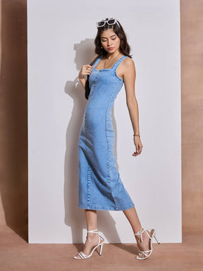 Ice Blue Denim Strappy Midi Dress-SASSAFRAS