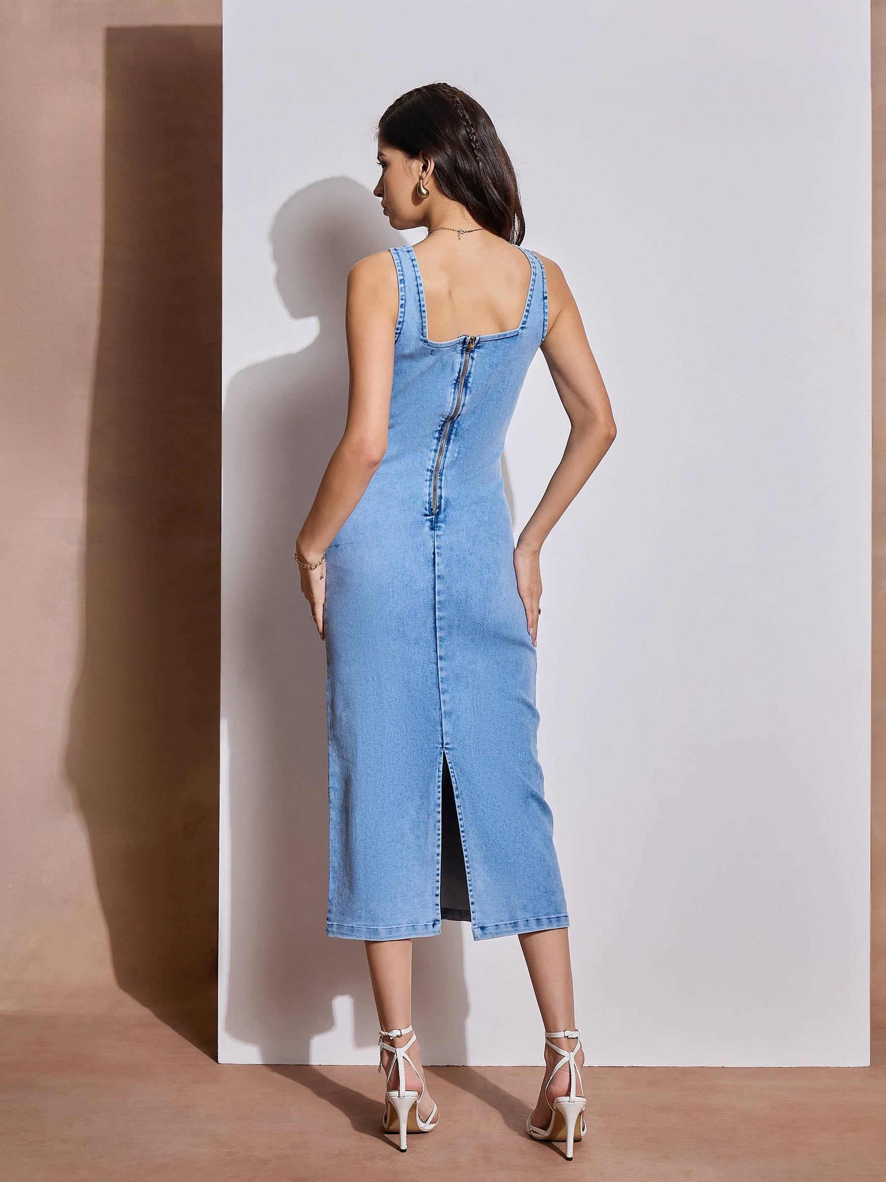 Ice Blue Denim Strappy Midi Dress-SASSAFRAS