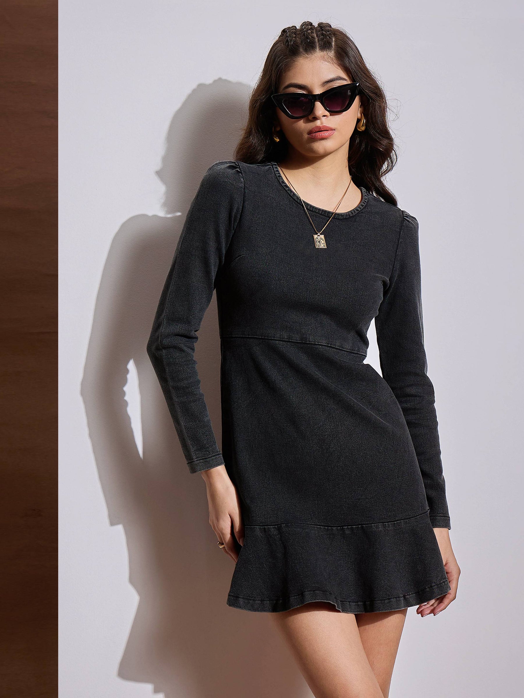 Black Washed Denim Flared Hem Short Dress -SASSAFRAS