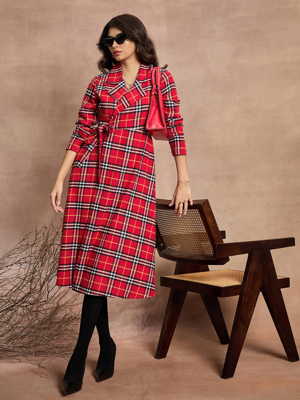 Red Check Wrap Tie-Up Midi Dress-SASSAFRAS