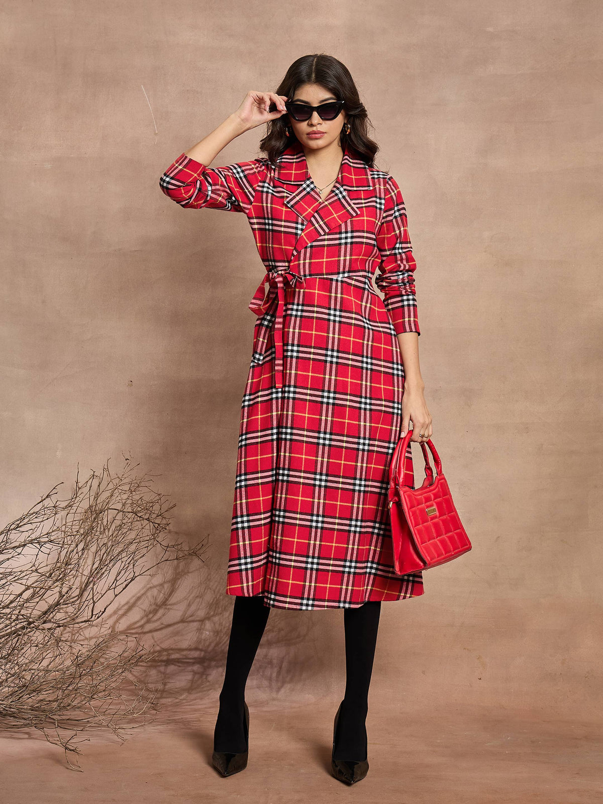 Red Check Wrap Tie-Up Midi Dress-SASSAFRAS