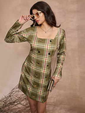 Green Check Front Button Short Dress-SASSAFRAS