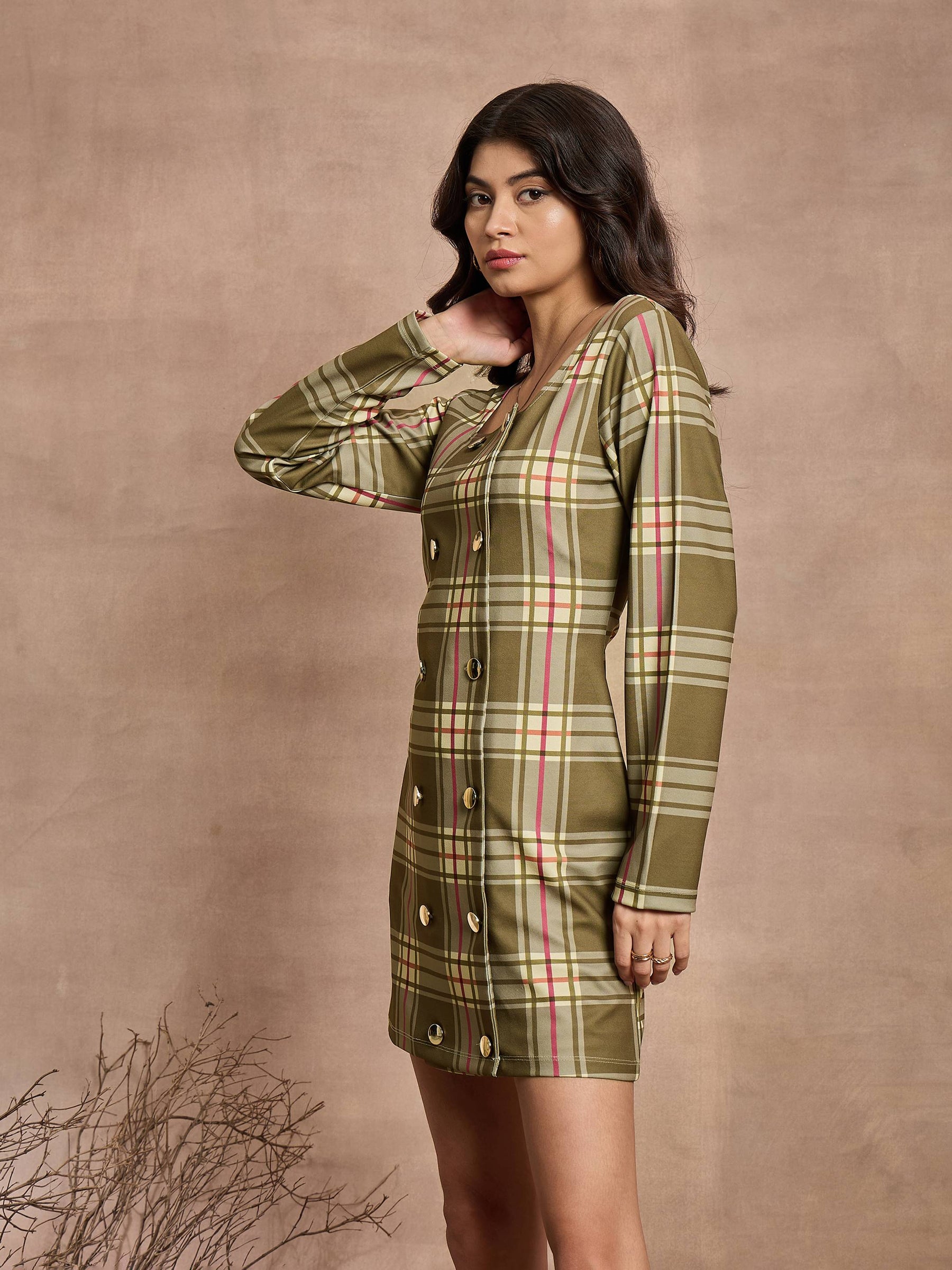 Green Check Front Button Short Dress-SASSAFRAS