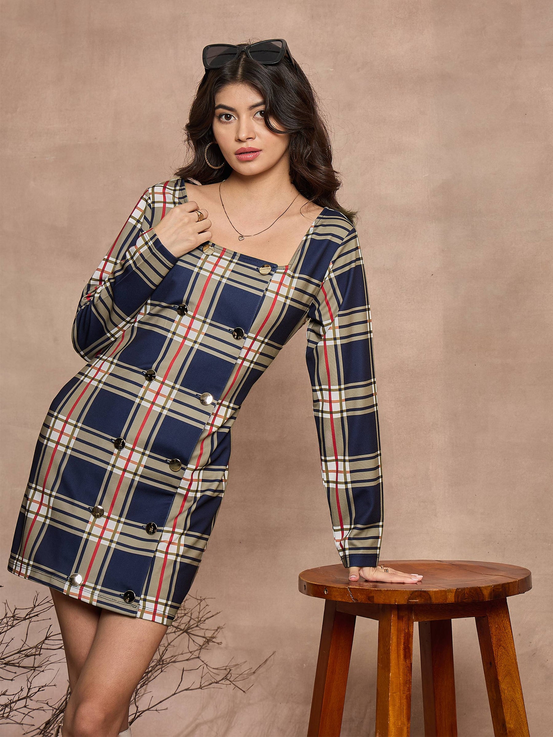 Buy Women Navy Blue Check Front Button Short Dress Online at Best Price - Sassafras Buy Women Navy Blue Check Front Button Short Dress Online at Best Price - Sassafras