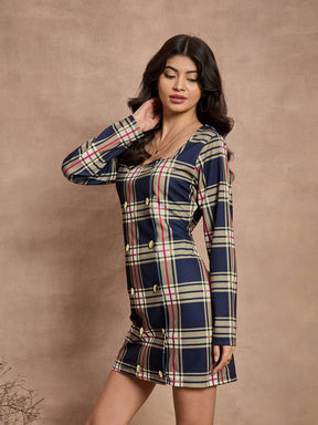 Navy Blue Check Front Button Short Dress-SASSAFRAS