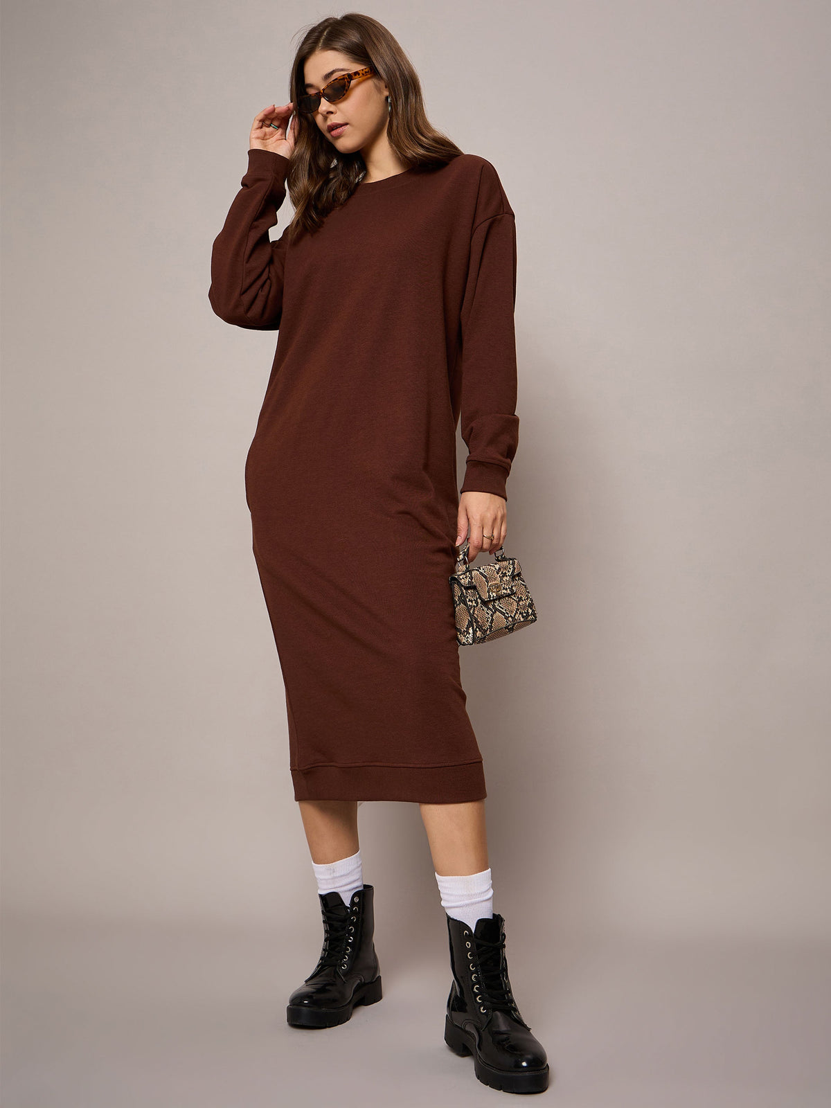 Brown Terry Oversized Midi Sweat Dress-SASSAFRAS BASICS