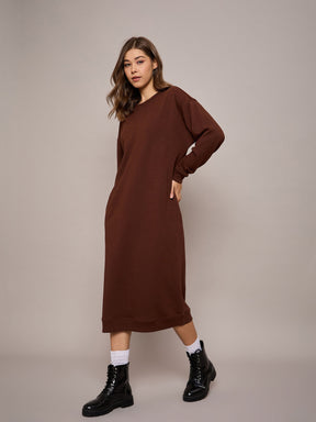 Brown Terry Oversized Midi Sweat Dress-SASSAFRAS BASICS