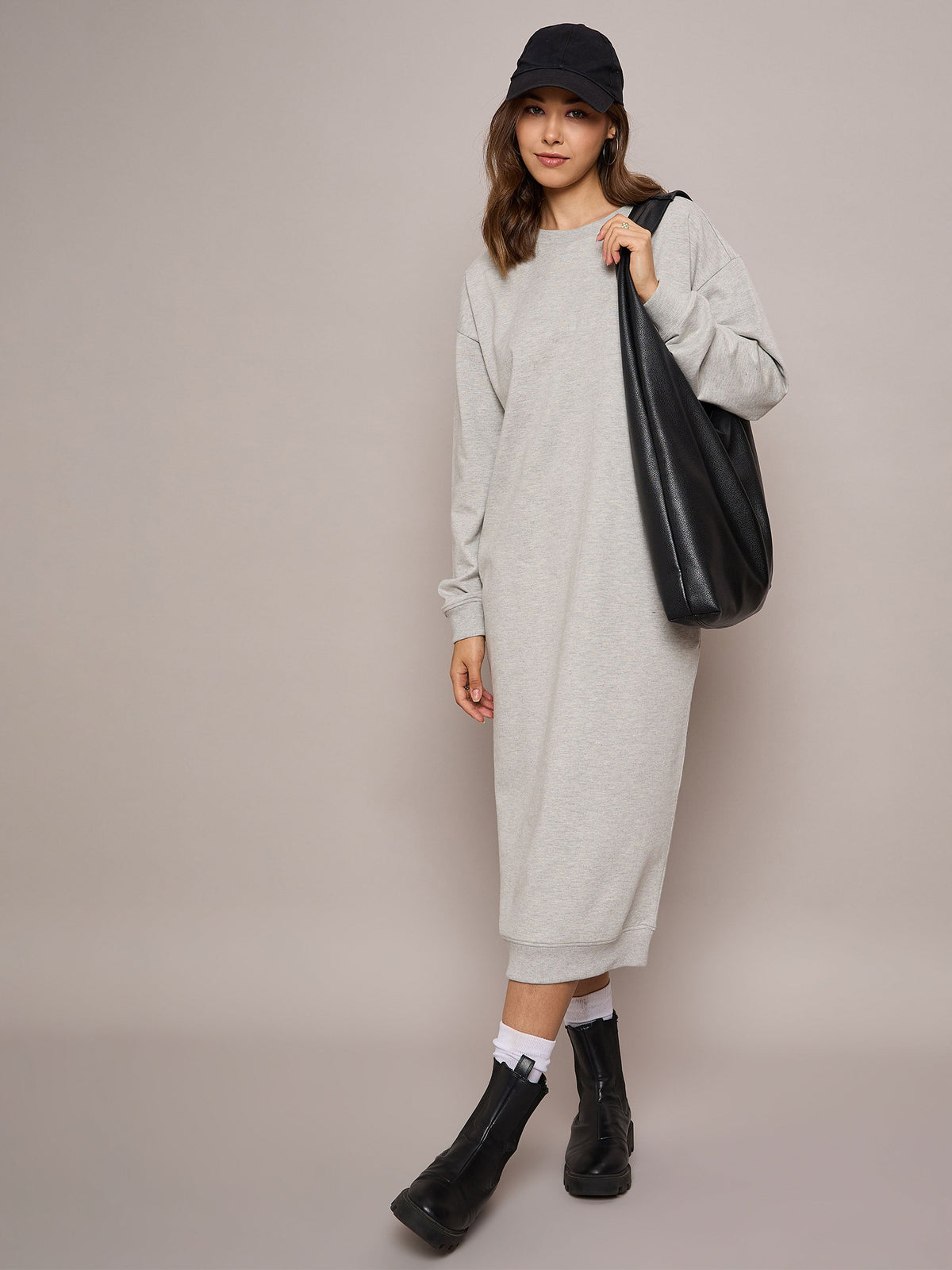 Grey Melange Terry Oversized Midi Sweat Dress-SASSAFRAS BASICS