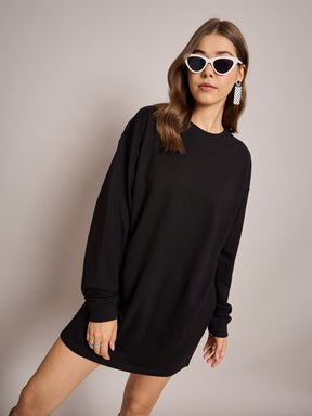 Black Terry Oversized Short Sweat Dress-SASSAFRAS BASICS