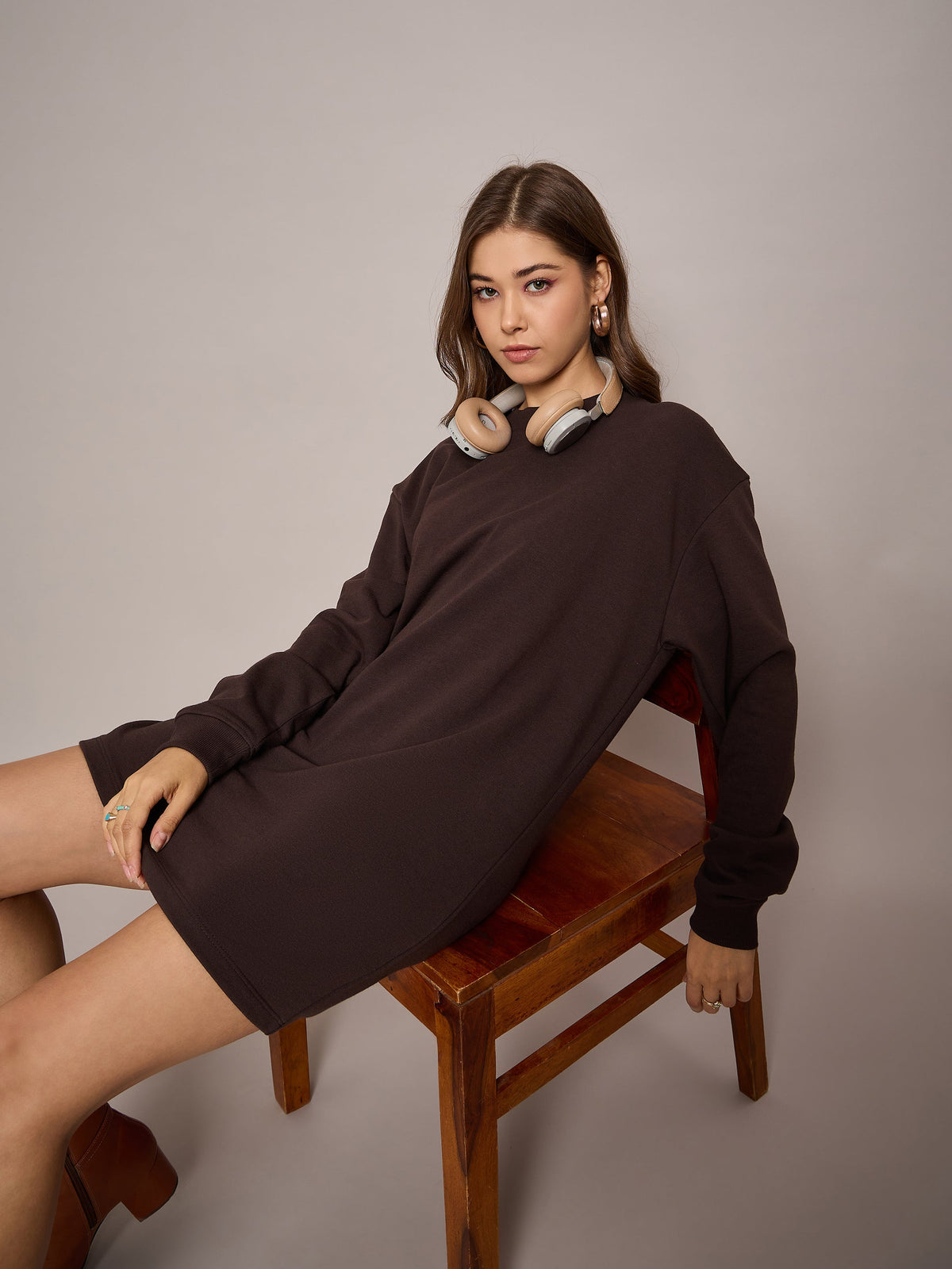 Brown Terry Oversized Short Sweat Dress-SASSAFRAS BASICS