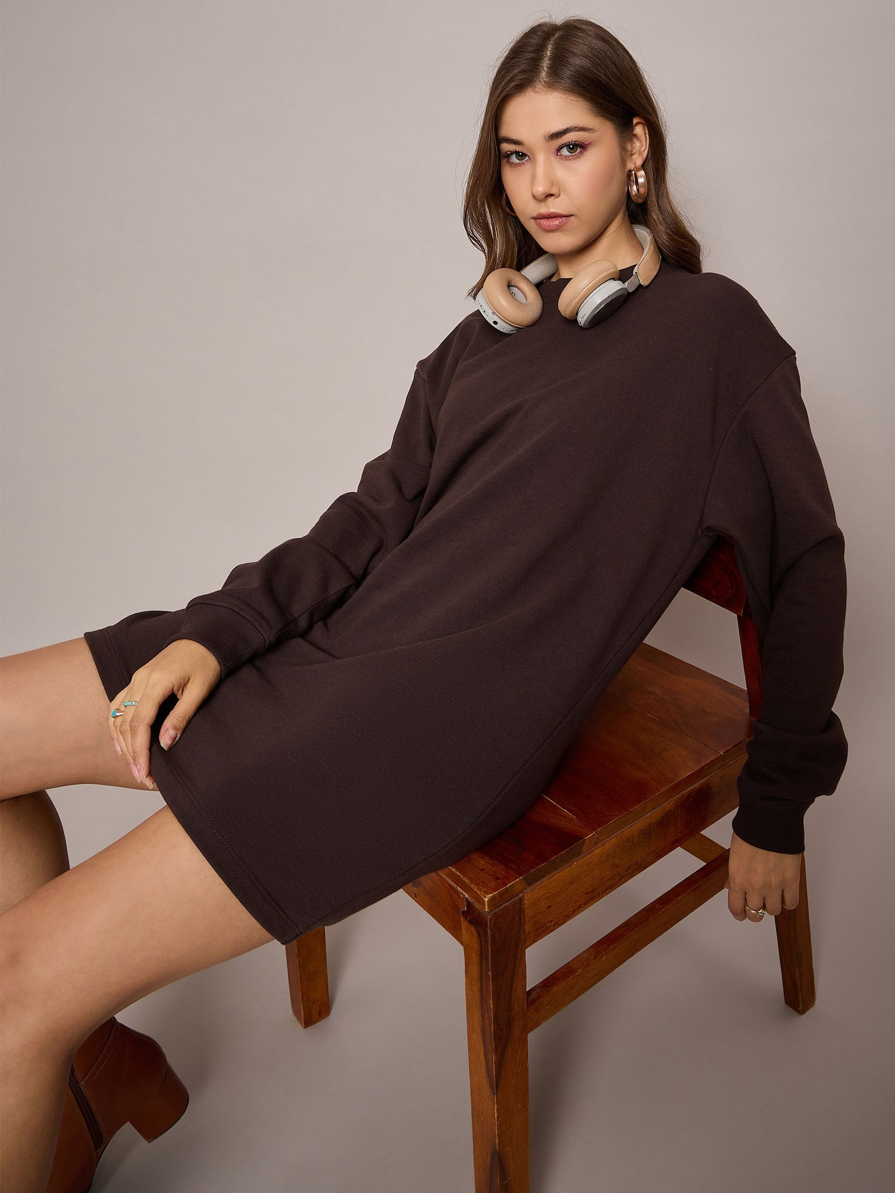 Brown Terry Oversized Short Sweat Dress-SASSAFRAS BASICS