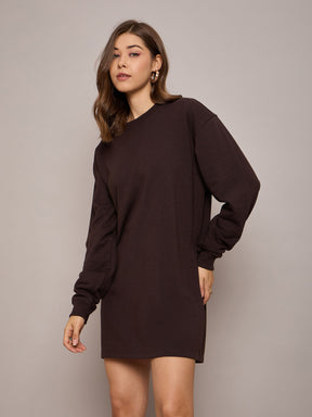 Brown Terry Oversized Short Sweat Dress-SASSAFRAS BASICS