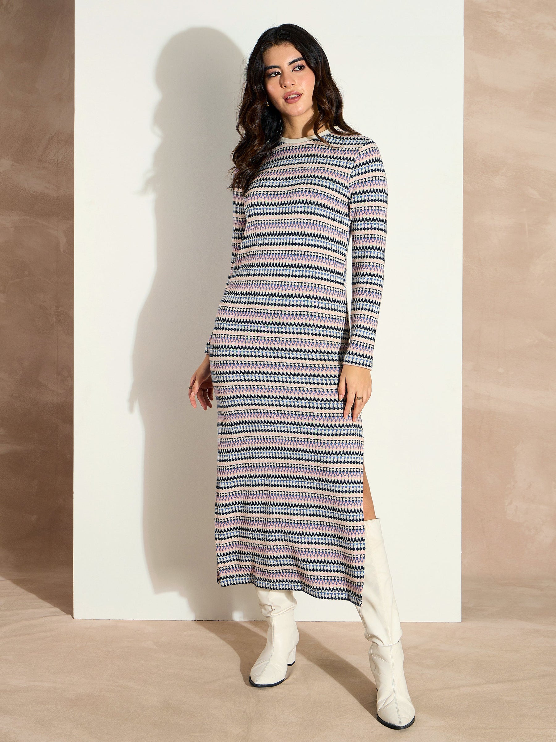 White Chevron Stripe Round Neck Maxi Dress-SASSAFRAS