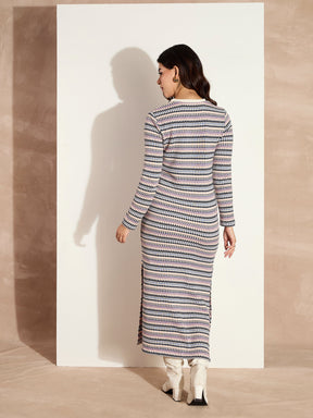 White Chevron Stripe Round Neck Maxi Dress-SASSAFRAS