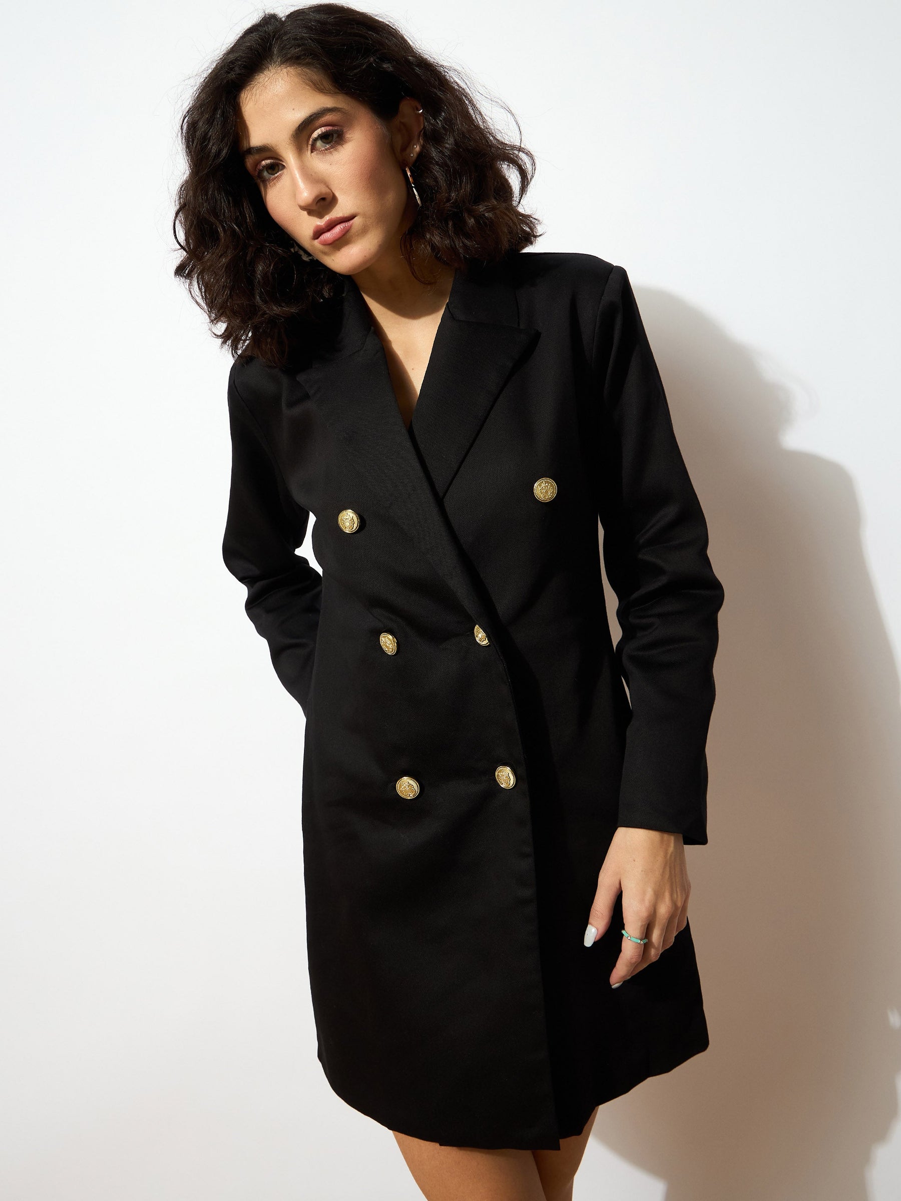 Black Full Sleeves Double Breasted Blazer Dress-SASSAFRAS