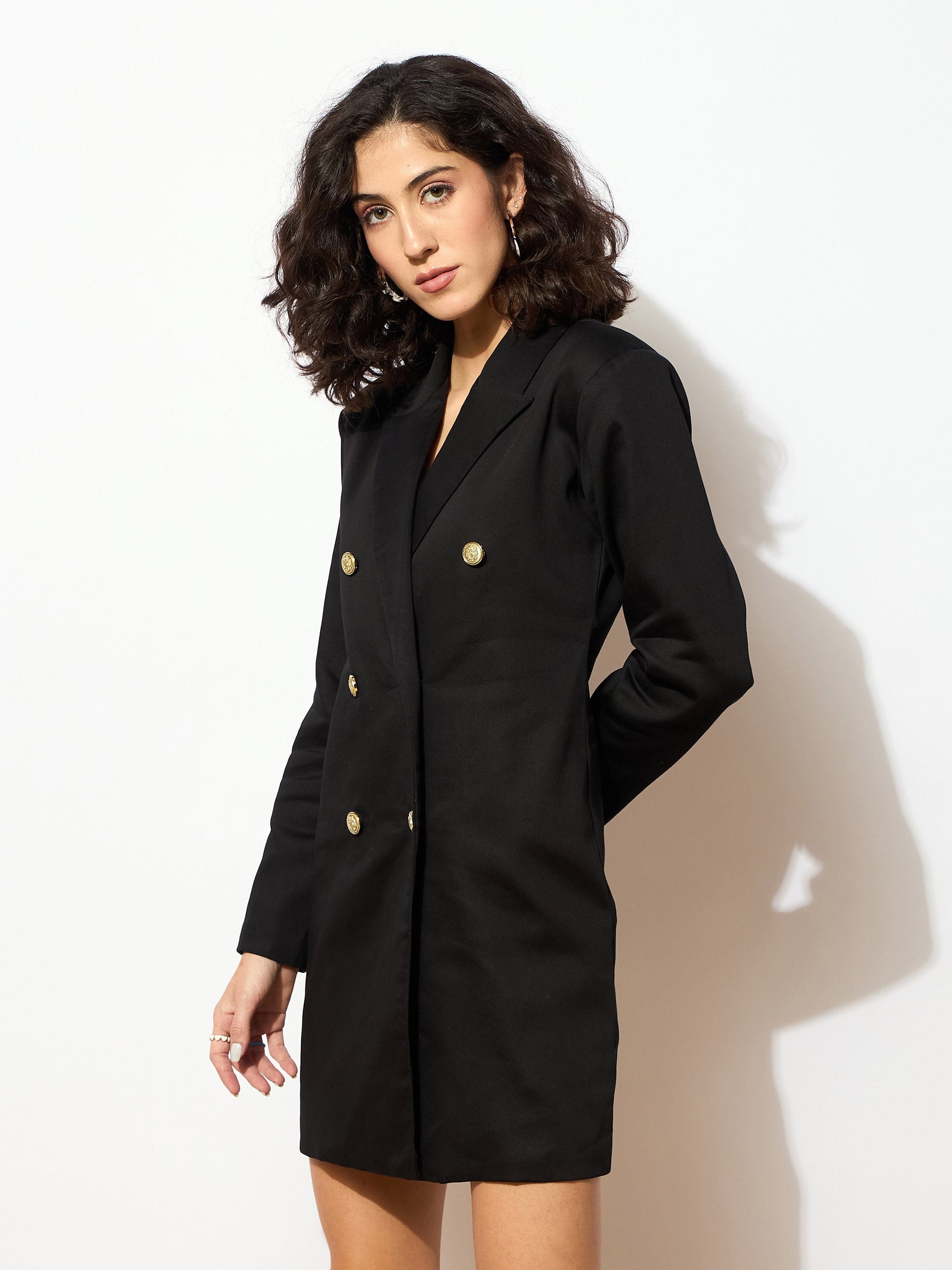 Black Full Sleeves Double Breasted Blazer Dress-SASSAFRAS