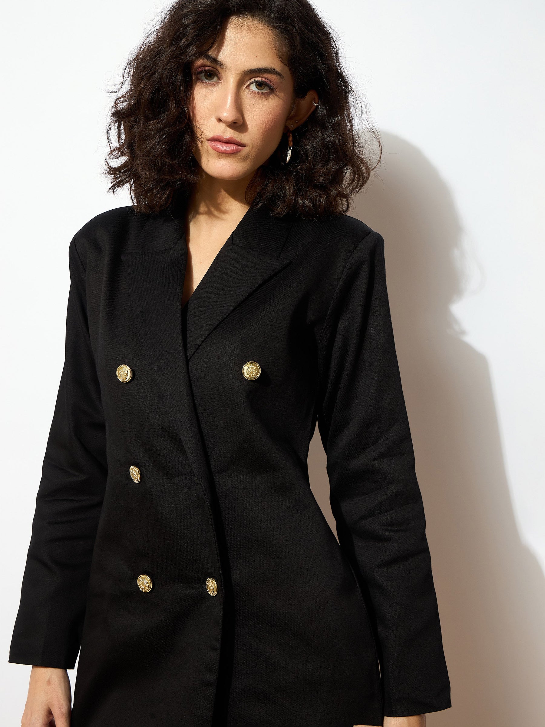 Black Full Sleeves Double Breasted Blazer Dress-SASSAFRAS