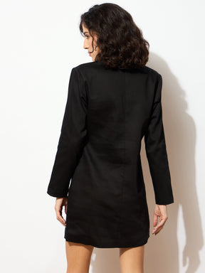 Black Full Sleeves Double Breasted Blazer Dress-SASSAFRAS