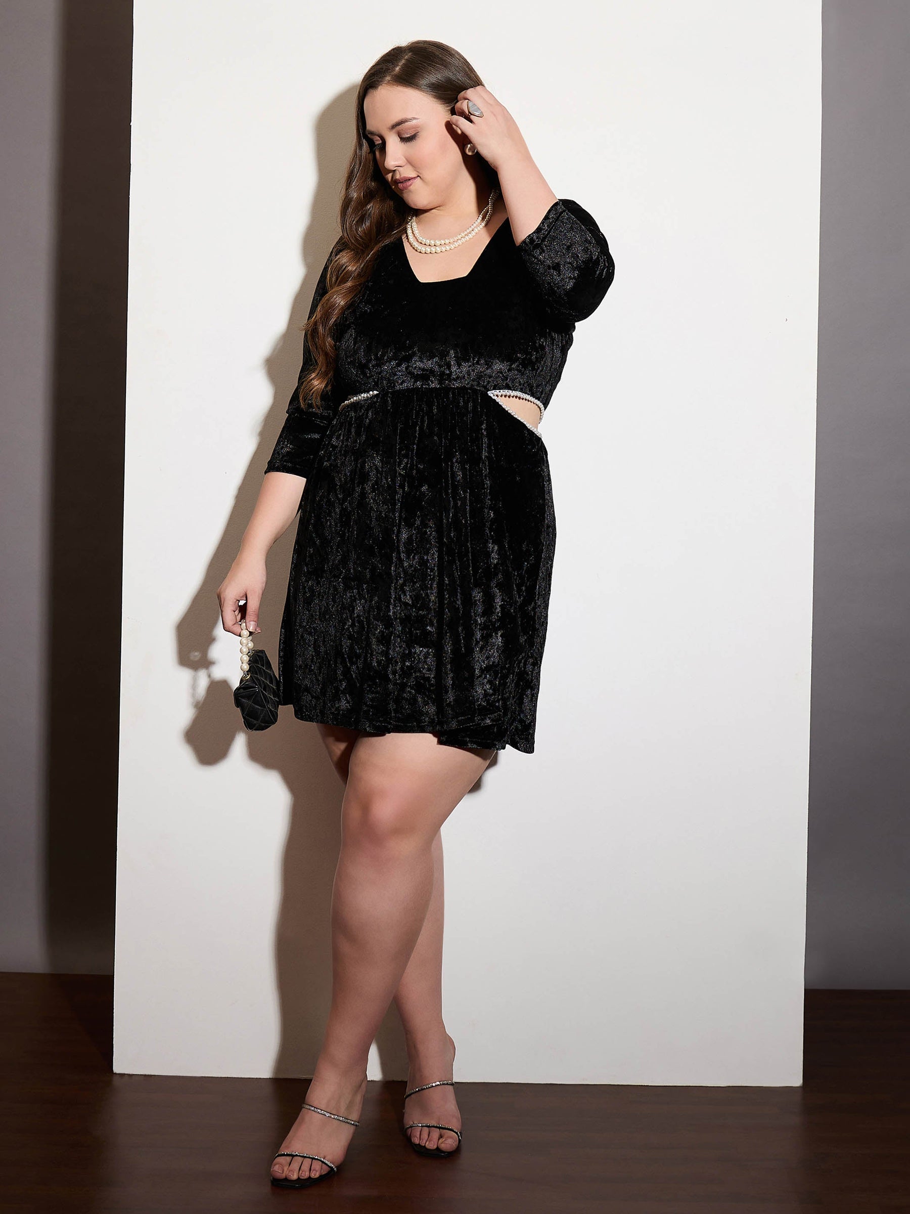 Black Velvet Side Cut Out Skater Dress-SASSAFRAS Curve