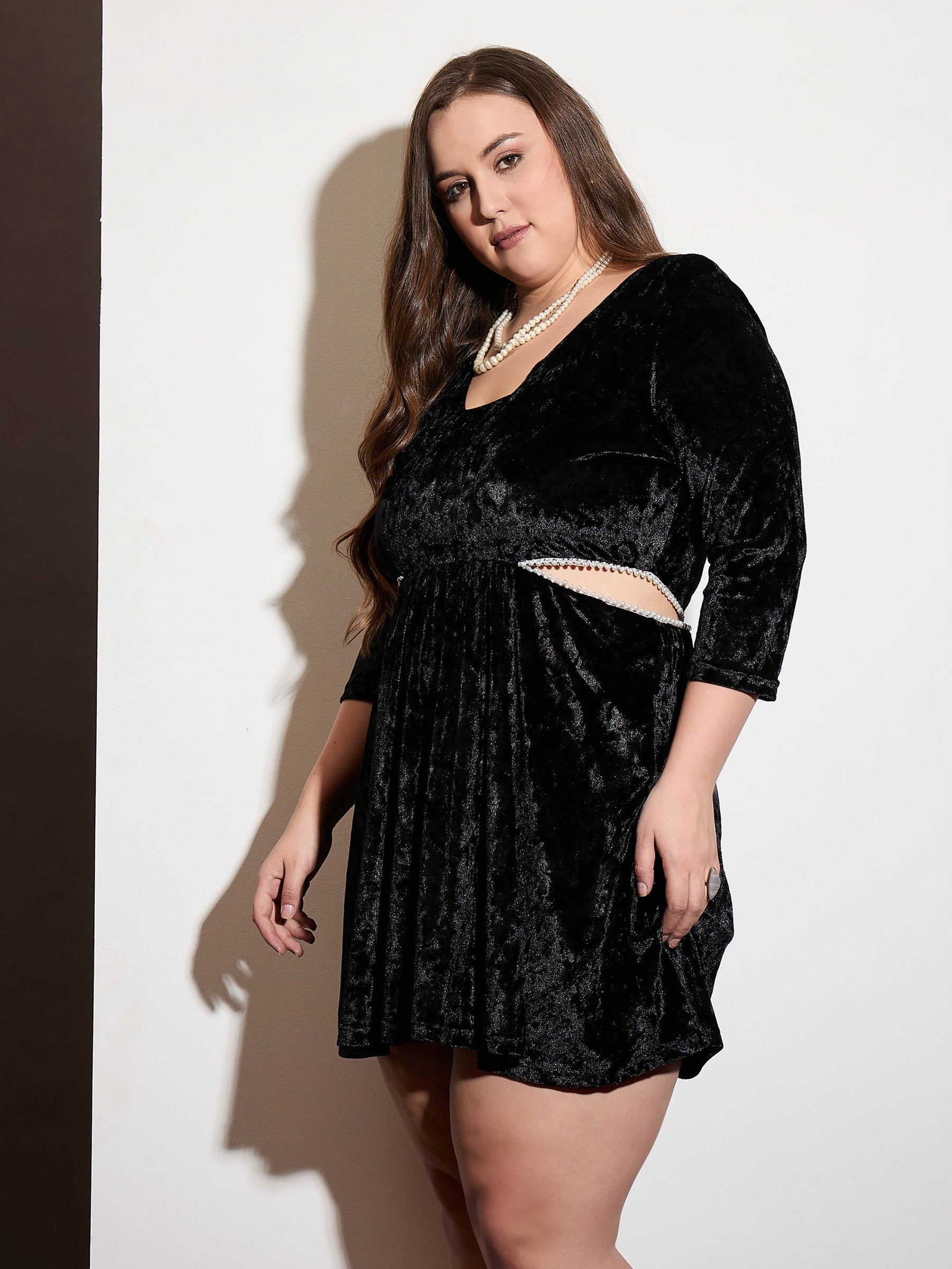 Black Velvet Side Cut Out Skater Dress-SASSAFRAS Curve