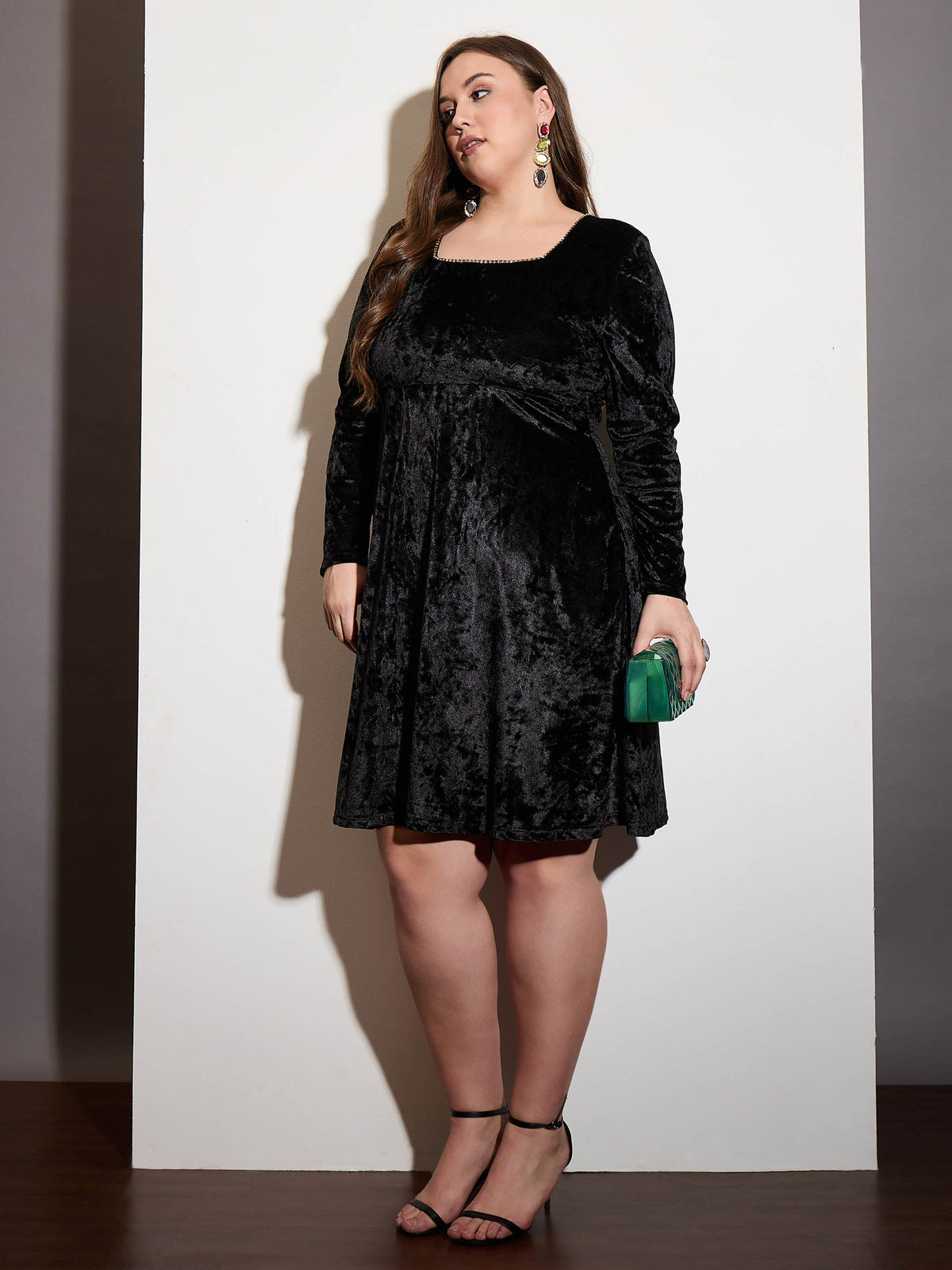 Black Velvet Square Neck Flare Dress-SASSAFRAS Curve