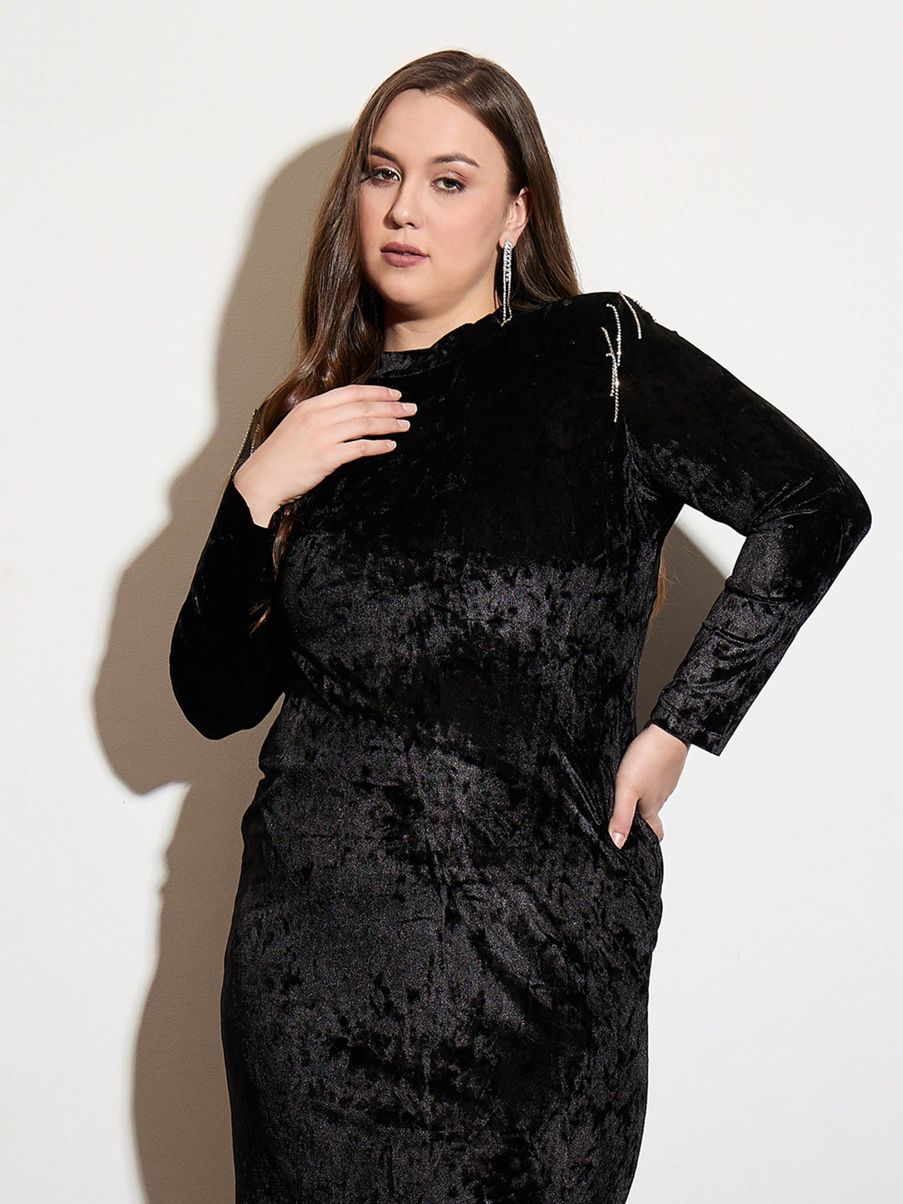 Black Velvet Dimonte Detail High Neck Bodycon Dress-SASSAFRAS Curve