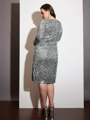Silver Animal Sequence Side Slit Midi Dress-SASSAFRAS Curve