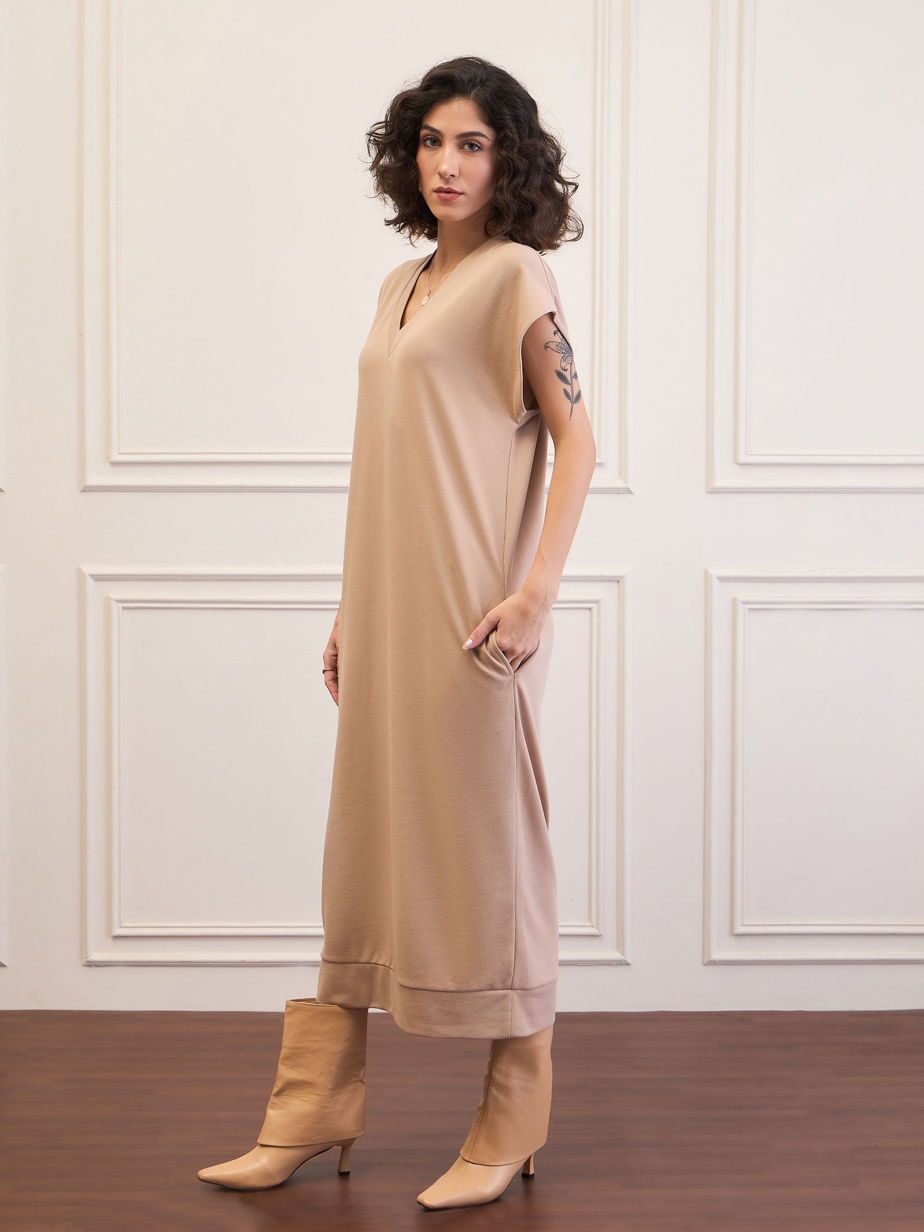 Beige V-Neck Sweater Dress-SASSAFRAS