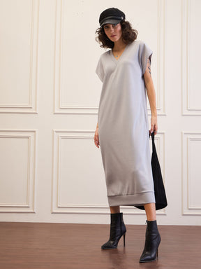 Grey V-Neck Sweater Dress-SASSAFRAS