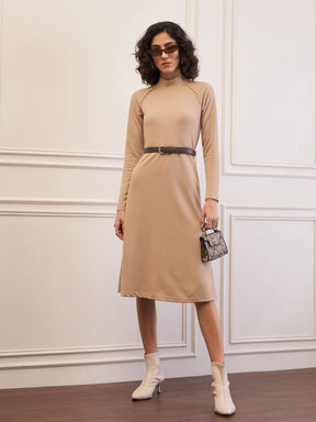 Beige Rib Turtle Neck Raglan Sleeve Midi Dress-SASSAFRAS