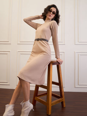 Beige Rib Turtle Neck Raglan Sleeve Midi Dress-SASSAFRAS