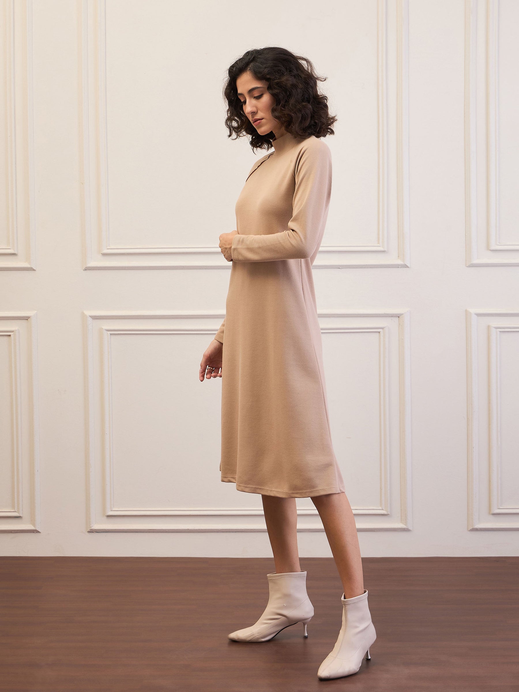 Beige Rib Turtle Neck Raglan Sleeve Midi Dress-SASSAFRAS