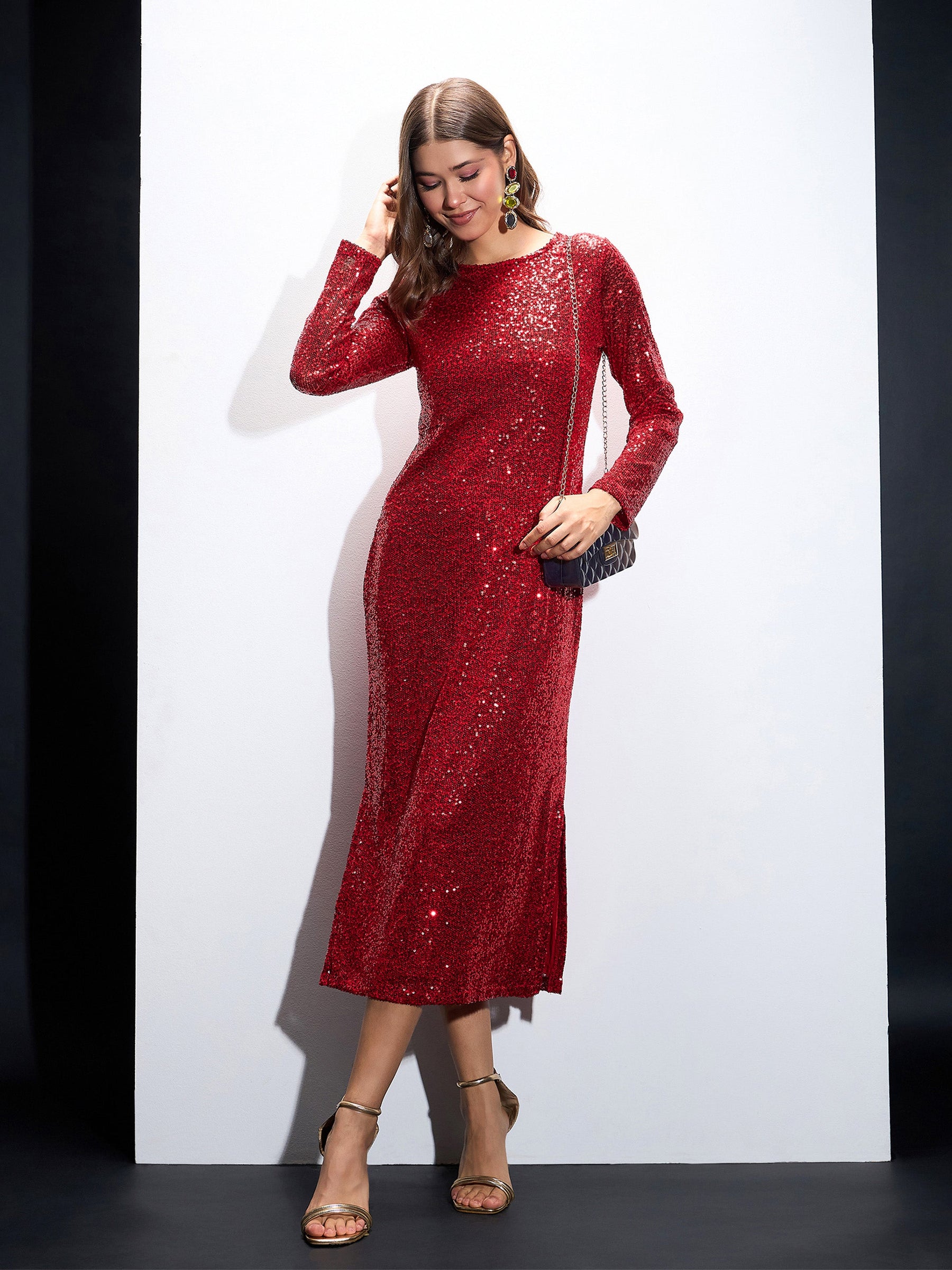 Red Sequin Round Neck Side Slit Midi Dress-SASSAFRAS