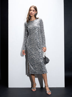 Silver Sequin Round Neck Side Slit Midi Dress-SASSAFRAS