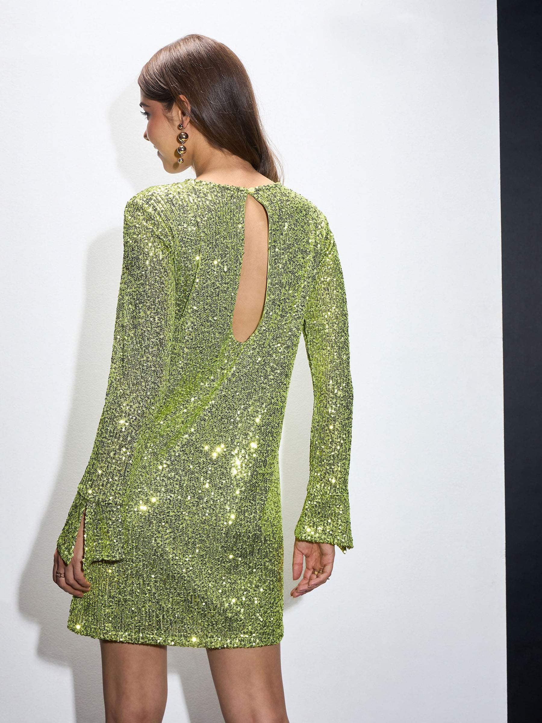 Green Sequin Back Cut-Out Short Dress-SASSAFRAS