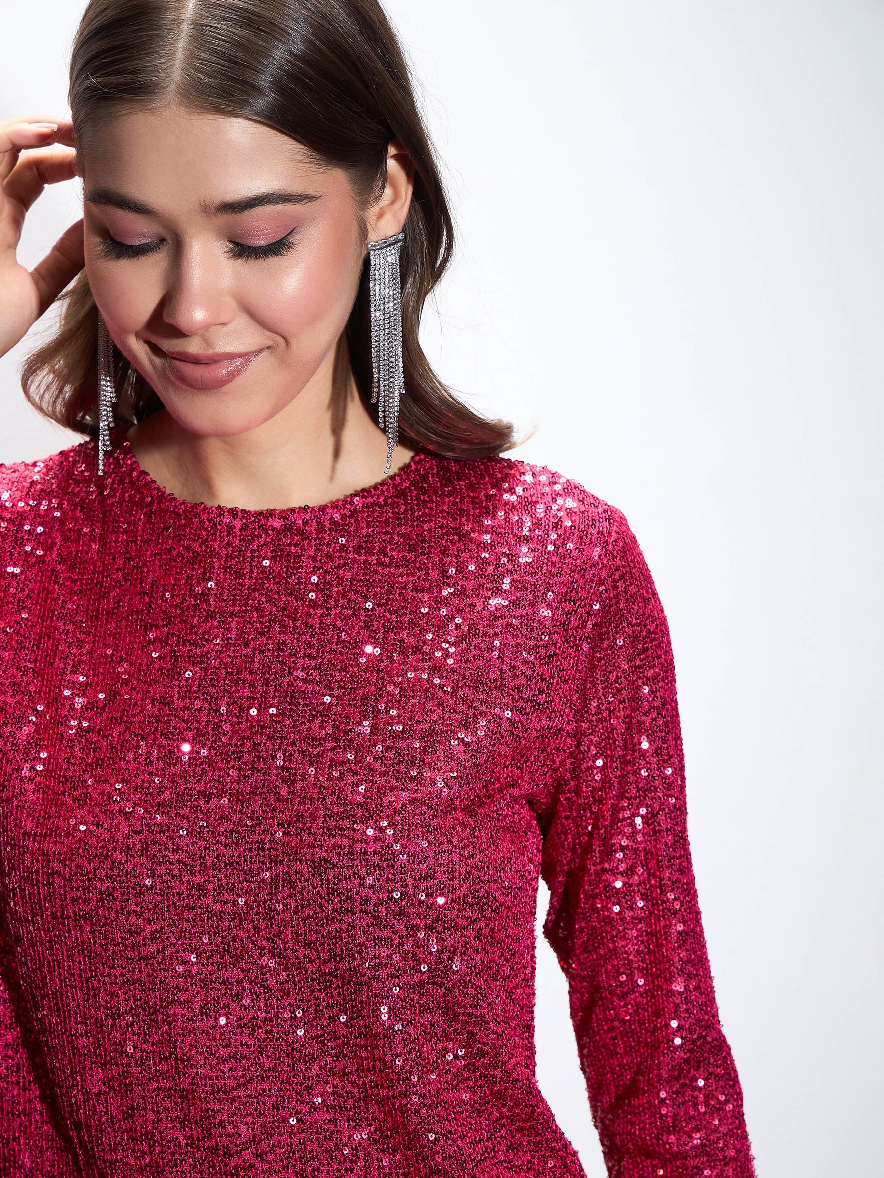 Fuchsia Sequin Back Cut-Out Short Dress-SASSAFRAS