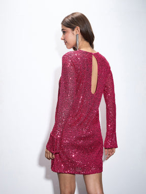 Fuchsia Sequin Back Cut-Out Short Dress-SASSAFRAS