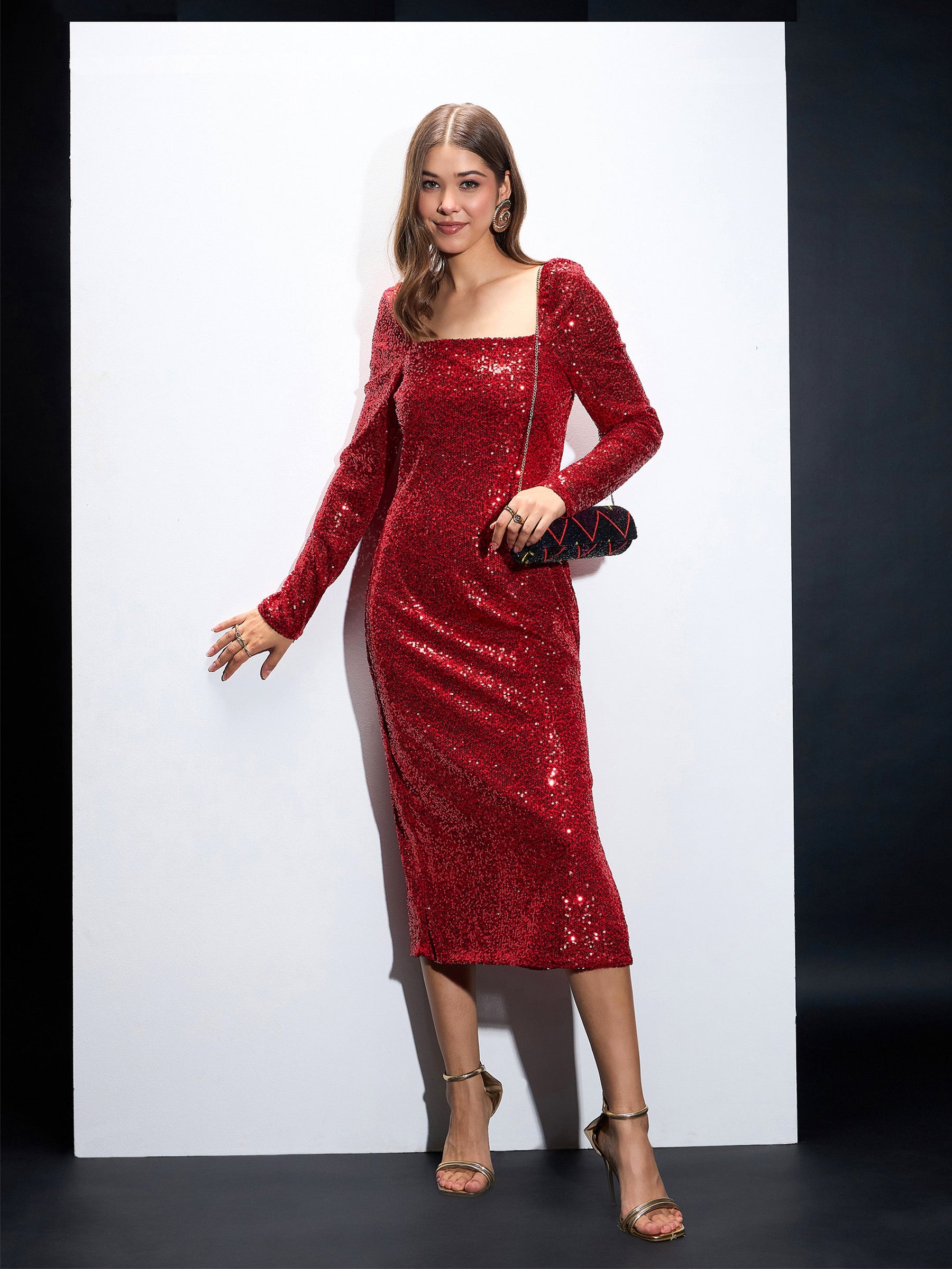 Red Sequin Square Neck Midi Dress-SASSAFRAS