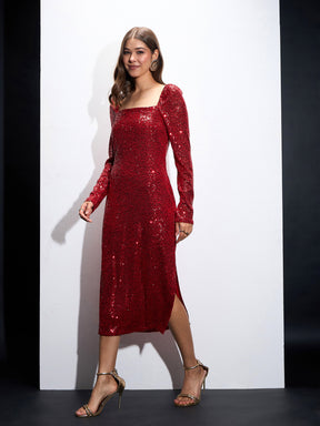 Red Sequin Square Neck Midi Dress-SASSAFRAS