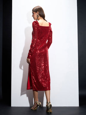 Red Sequin Square Neck Midi Dress-SASSAFRAS