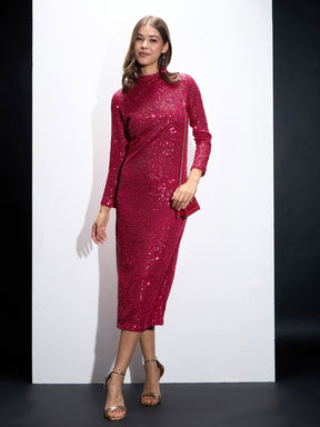 Fuchsia Sequin High Neck Midi Dress-SASSAFRAS