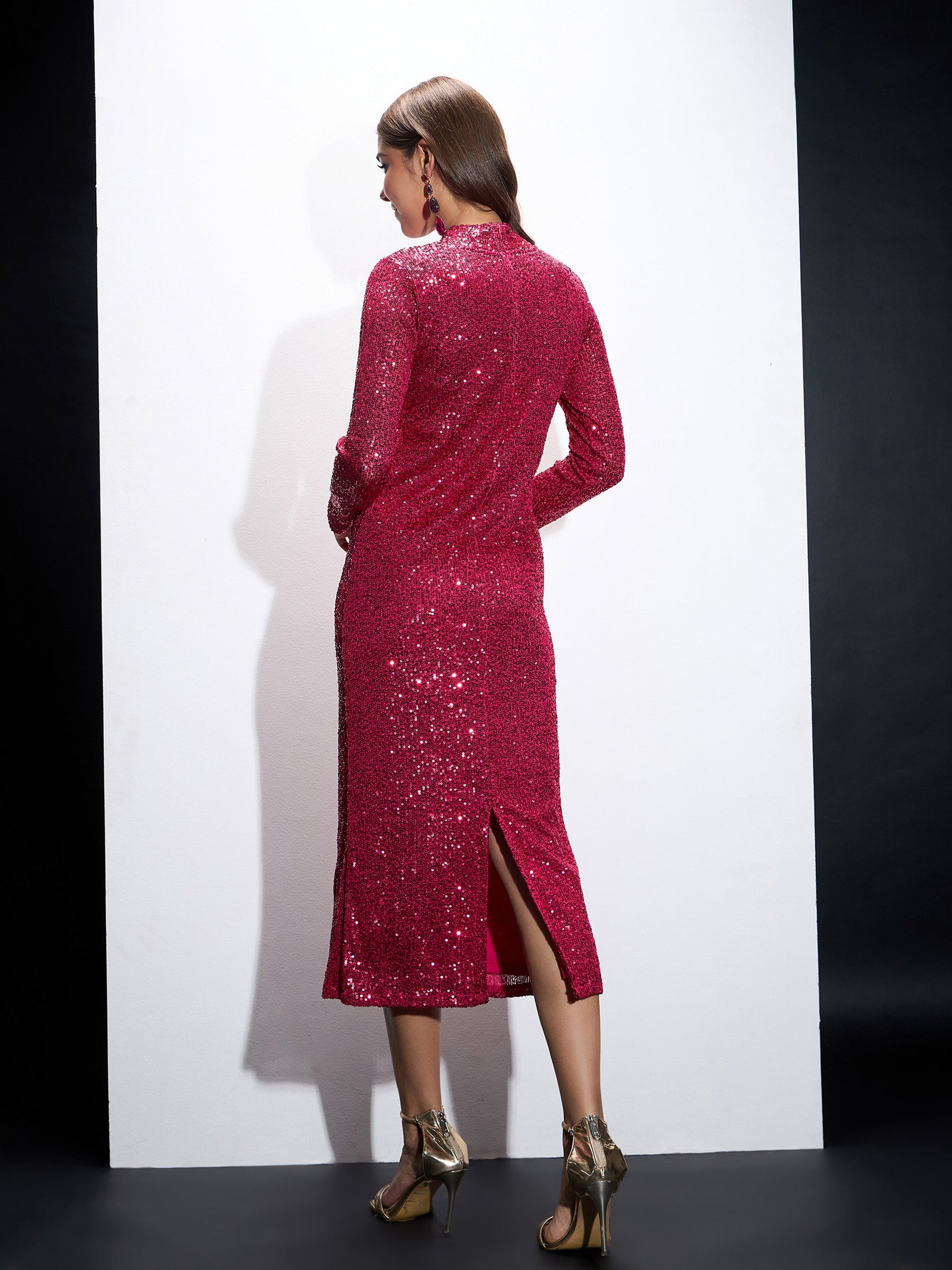 Fuchsia Sequin High Neck Midi Dress-SASSAFRAS