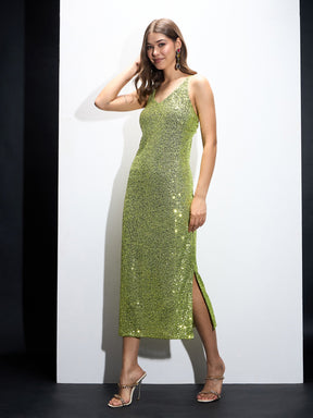 Green Sequin Strappy Maxi Dress-SASSAFRAS