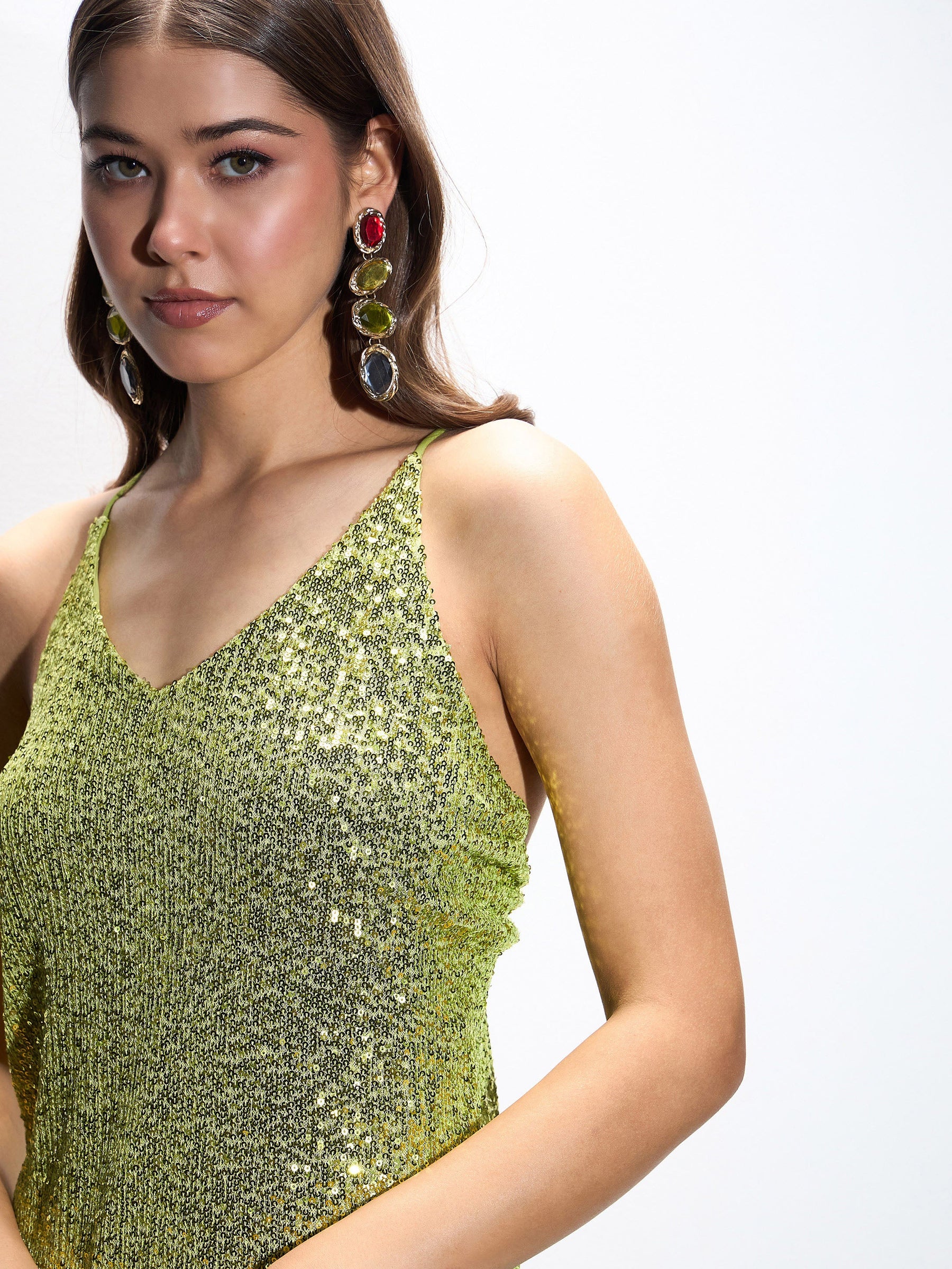 Green Sequin Strappy Maxi Dress-SASSAFRAS