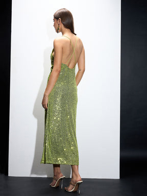 Green Sequin Strappy Maxi Dress-SASSAFRAS