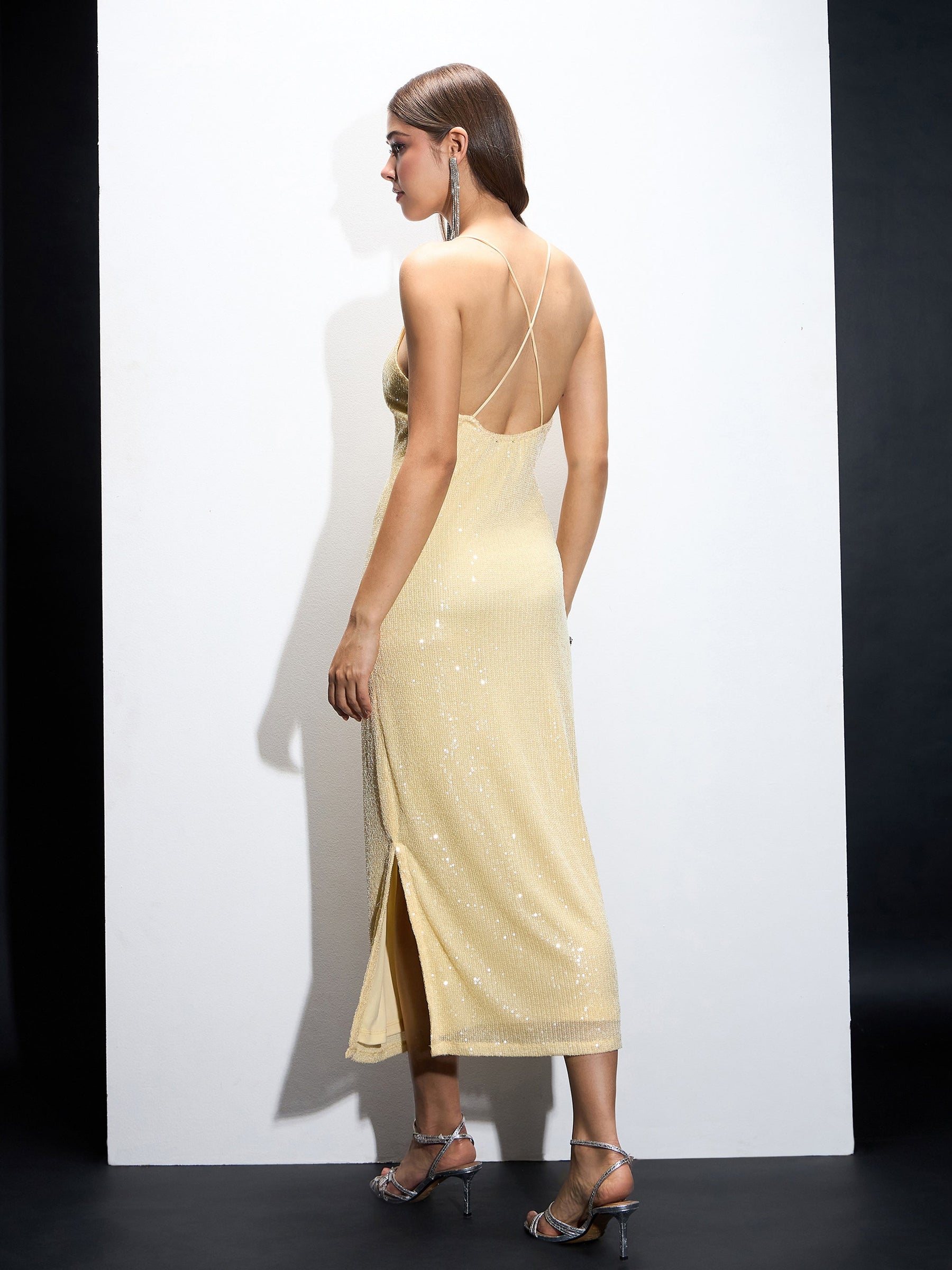 Yellow Sequin Strappy Maxi Dress-SASSAFRAS