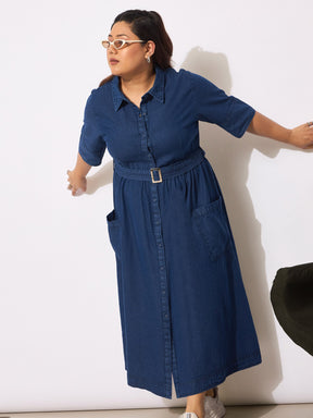 Navy Tencel Front Button Midi Dress-SASSAFRAS Curve