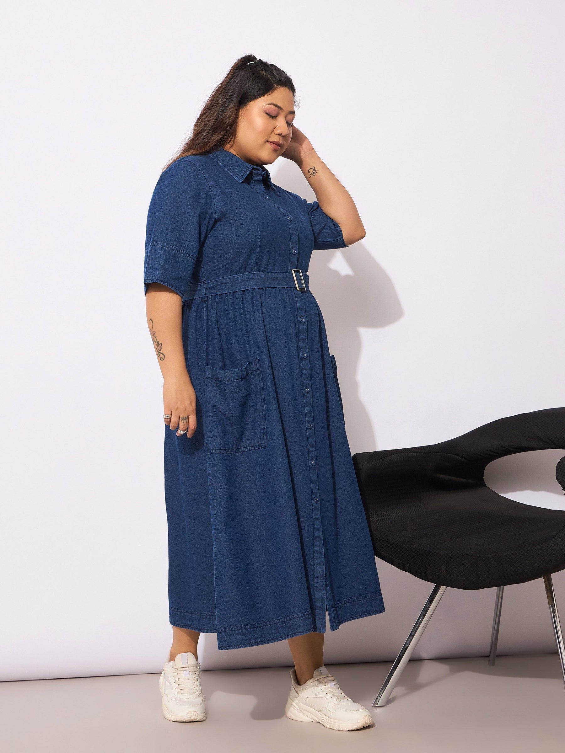 Navy Tencel Front Button Midi Dress-SASSAFRAS Curve