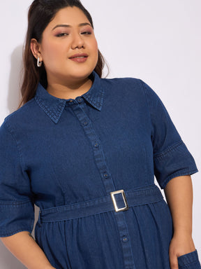 Navy Tencel Front Button Midi Dress-SASSAFRAS Curve