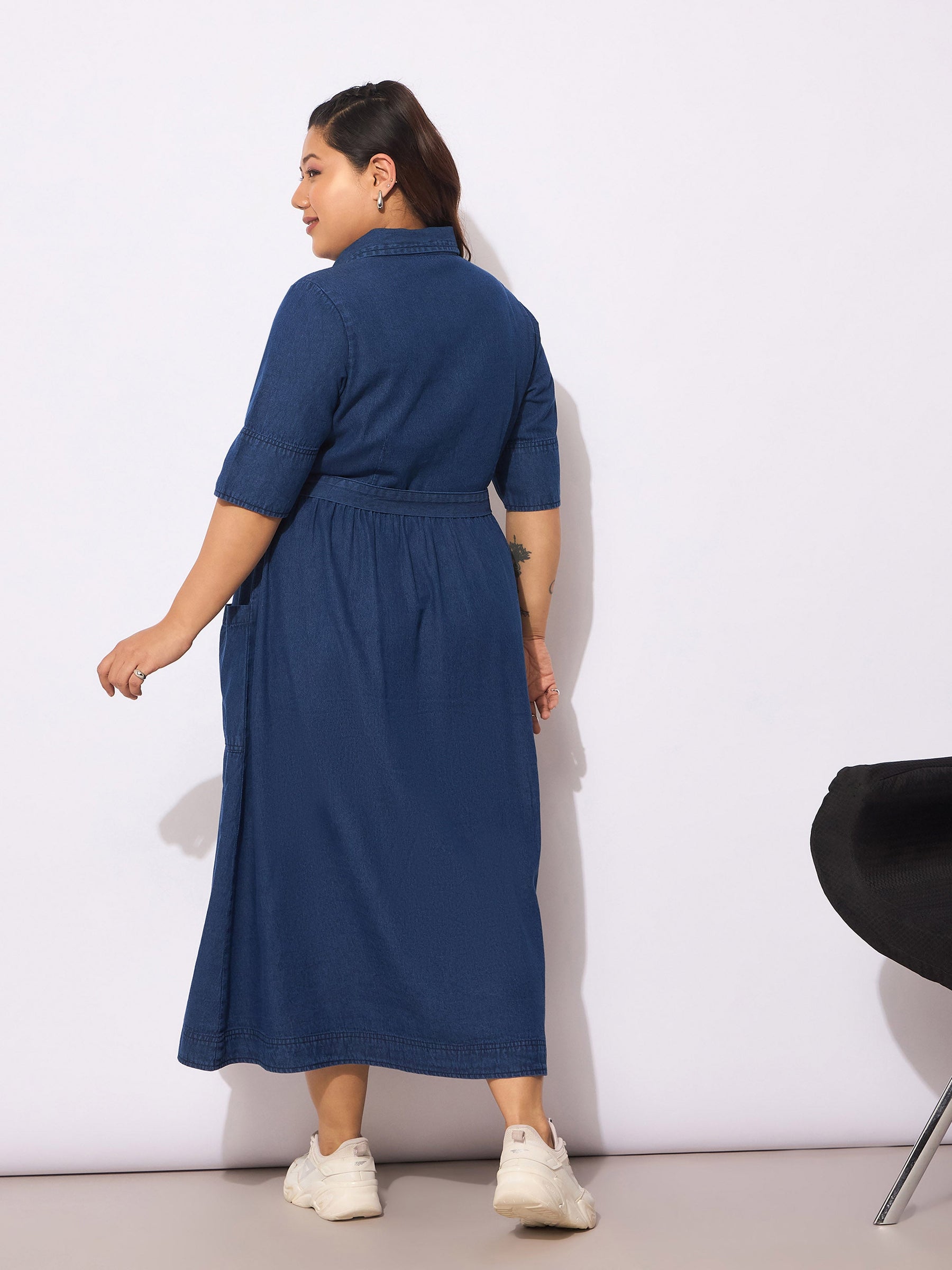 Navy Tencel Front Button Midi Dress-SASSAFRAS Curve